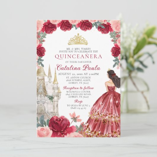 赤い金のティアラのプリンセス 15歳の誕生日パーティー招待状 招待状 (スタンド正面)