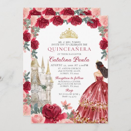 赤い金のティアラのプリンセス 15歳の誕生日パーティー招待状 招待状 (正面/裏面)