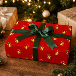 赤い金のベルとヒイラギのクリスマス ラッピングペーパー