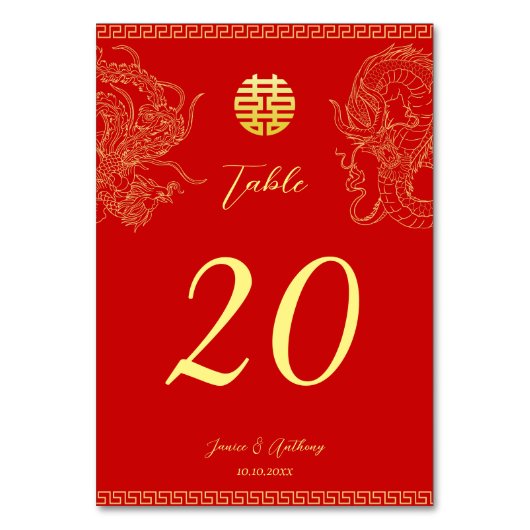 赤い金の中国の結婚式の龍鳳凰 テーブルナンバー (正面)