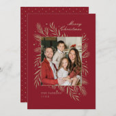 赤い金の葉の家族写真フレーム クリスマスカード (正面/裏面)