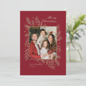 赤い金の葉の家族写真フレーム クリスマスカード (スタンド正面)