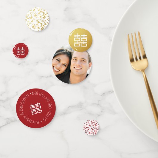 赤い金ゴールドと白い竹の二重の幸せ中国の コンフェッティ (グループ)