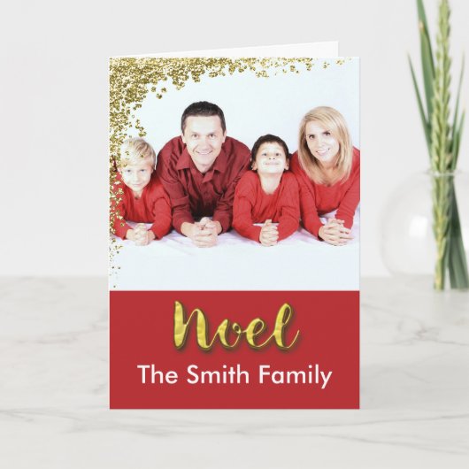 赤い金ゴールドにノエルカスタムクリスマスの写真&ネームカー シーズンカード (正面)