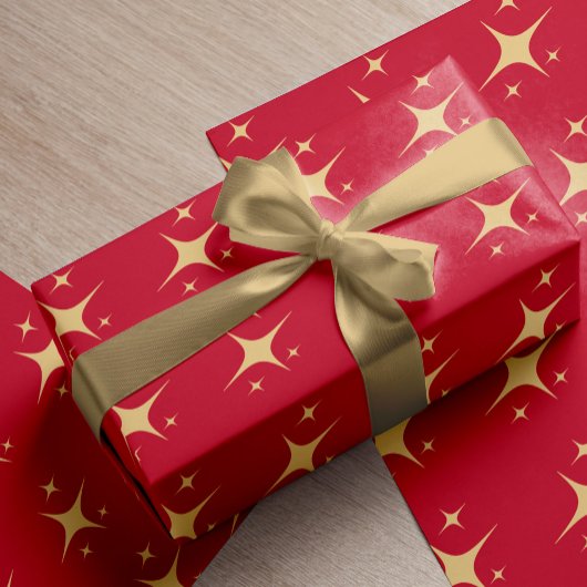 赤い金ゴールドのエレガント星のパターンのクリスマス ラッピングペーパー
