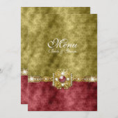 赤い金ゴールドのオリーブ色のダマスク織の結婚式 メニュー (正面/裏面)
