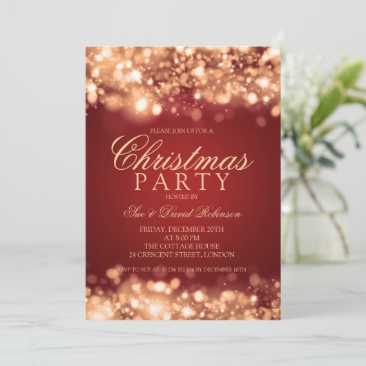 赤い金ゴールドのクリスマスパーティーきらめくライト 招待状 (スタンド正面)