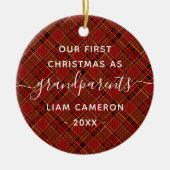 赤い金ゴールドのプレイド祖父母1stクリスマスフォト セラミックオーナメント (正面)