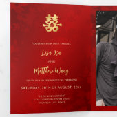 赤い金ゴールドの中国の写結婚真 三つ折り招待状 (内部最初)