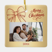 赤い金ゴールドの弓の写真の手でクリスマスを描画 セラミックオーナメント (正面)