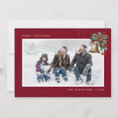 赤い金ゴールドの水色ホリーベル写真クリスマス シーズンカード (正面)