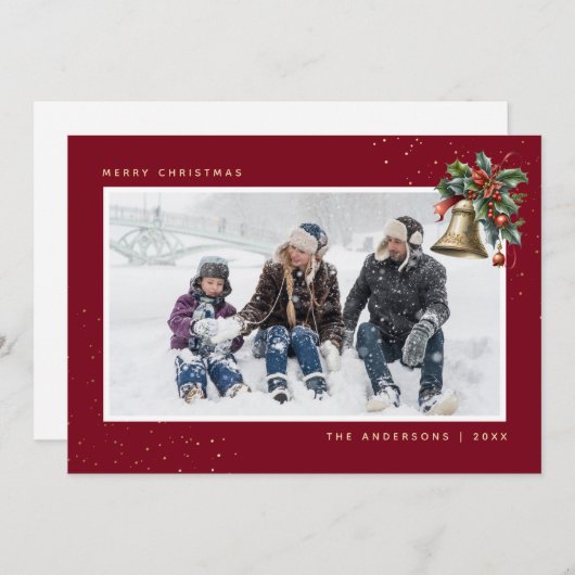 赤い金ゴールドの水色ホリーベル写真クリスマス シーズンカード (正面/裏面)