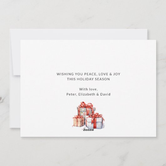 赤い金ゴールドの水色ホリーベル写真クリスマス シーズンカード (裏面)