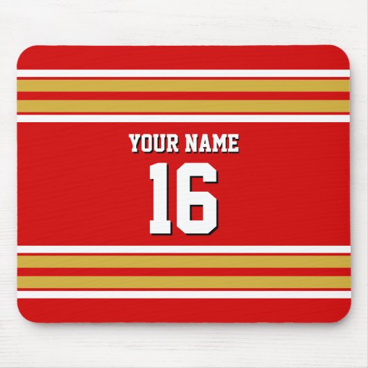 赤い金ゴールドの白いチームジャージーカスタムな数名前 マウスパッド (正面)