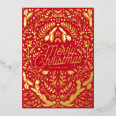赤い金ゴールドの葉と果実メリークリスマス 箔シーズンカード (正面)