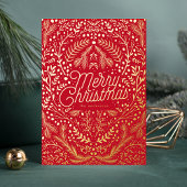 赤い金ゴールドの葉と果実メリークリスマス 箔シーズンカード