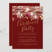 赤い金ゴールドの葉ライトクリスマスパーティー 招待状 (正面/裏面)