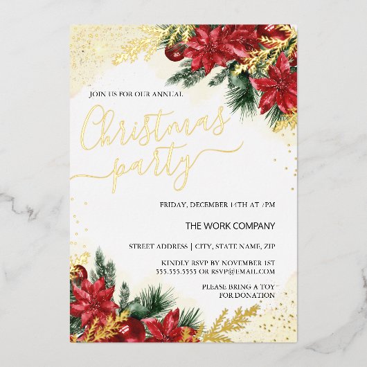 赤い金ゴールドの葉企業ののクリスマスパーティー 箔招待状 (正面)