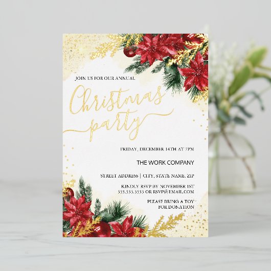 赤い金ゴールドの葉企業ののクリスマスパーティー 箔招待状 (立ち正面)