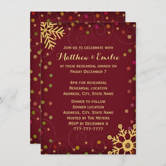 赤い金ゴールドの雪片の休日のリハーサルの夕食 招待状 (正面/裏面)