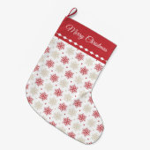 赤い金ゴールドの雪片パターン ラージクリスマスストッキング (正面 (吊り時))