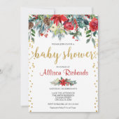 赤い金ゴールドエレガントフローラクリスマスの赤ちゃんシャワー 招待状 (正面)