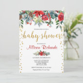 赤い金ゴールドエレガントフローラクリスマスの赤ちゃんシャワー 招待状 (スタンド正面)