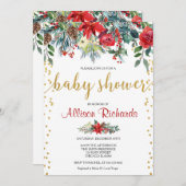 赤い金ゴールドエレガントフローラクリスマスの赤ちゃんシャワー 招待状 (正面/裏面)