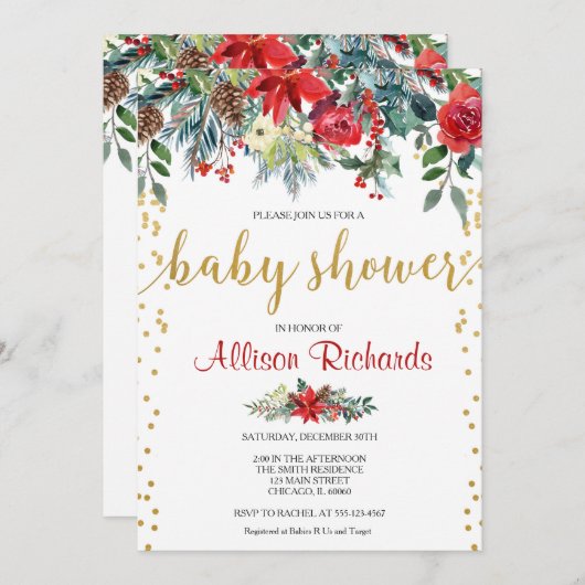 赤い金ゴールドエレガントフローラクリスマスの赤ちゃんシャワー 招待状 (正面/裏面)