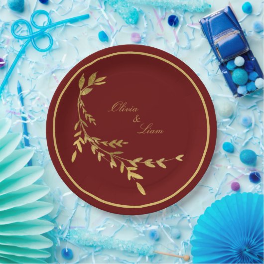 赤い金ゴールドエレガントリーフ名スクリプ結婚ト ペーパープレート (パーティー)