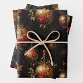 赤い金ゴールドクリスマスオーナメントと鳥 ラッピングペーパーシート (インサイチュ)