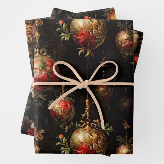 赤い金ゴールドクリスマスオーナメントと鳥 ラッピングペーパーシート (インサイチュ)