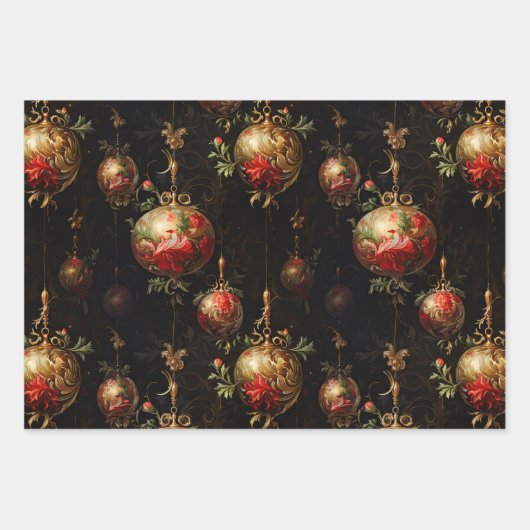 赤い金ゴールドクリスマスオーナメントと鳥 ラッピングペーパーシート (正面)