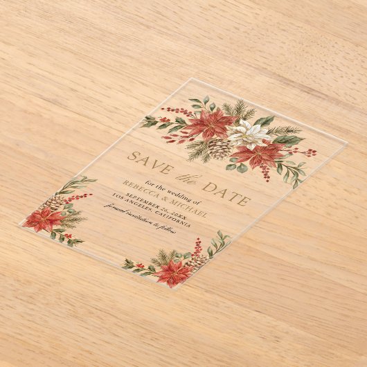 赤い金ゴールドクリスマスフローラ結婚式の日付を保存 アクリル招待状 (レイダウン)