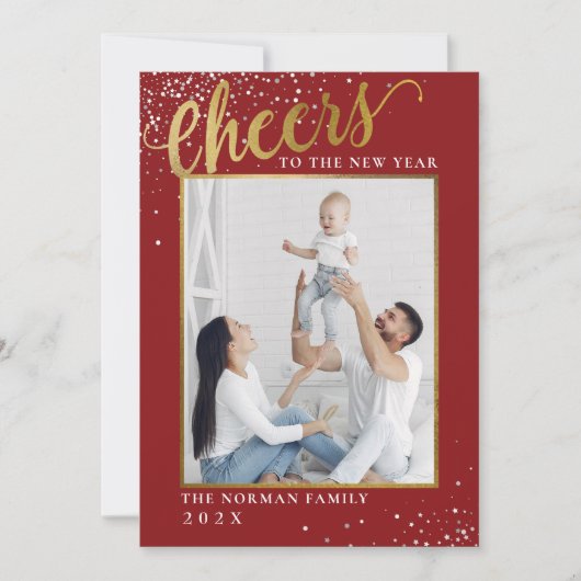 赤い金ゴールドグリッターの応援を新年の写真に シーズンカード (正面)