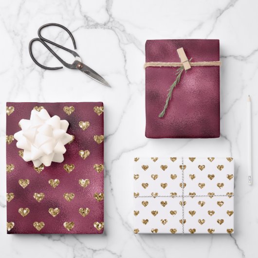 赤い金ゴールドグリッターハート ラッピングペーパーシート (正面)
