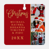 赤い金ゴールドグリッター名年家族の写真クリスマス メタルオーナメント (正面)