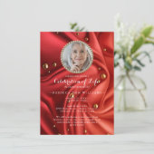 赤い金ゴールドシルキーの写真お祝いの生活 招待状 (スタンド正面)