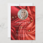 赤い金ゴールドシルキーの写真お祝いの生活 招待状 (正面)