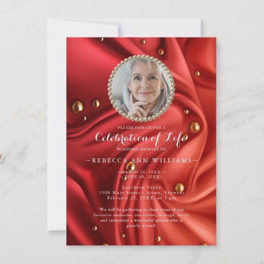 赤い金ゴールドシルキーの写真お祝いの生活 招待状 (正面)