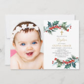 赤い金ゴールドシンプルの緑のクリスマスの洗礼写真 招待状 (正面)