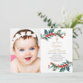 赤い金ゴールドシンプルの緑のクリスマスの洗礼写真 招待状 (スタンド正面)