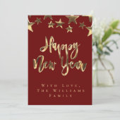 赤い金ゴールドスターズのパターンのスクリプト幸せな新年シック 招待状 (スタンド正面)