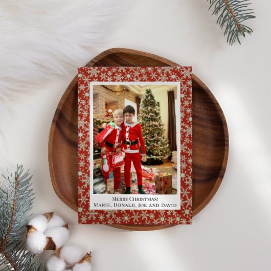 赤い金ゴールドスノーフレーク自分の写真のクリスマスを追加 シーズンカード