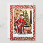 赤い金ゴールドスノーフレーク自分の写真のクリスマスを追加 シーズンカード (正面)
