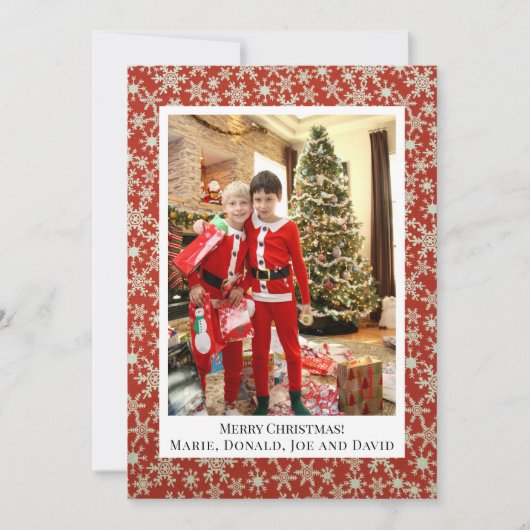 赤い金ゴールドスノーフレーク自分の写真のクリスマスを追加 シーズンカード (正面)