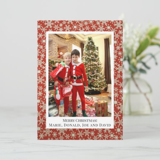 赤い金ゴールドスノーフレーク自分の写真のクリスマスを追加 シーズンカード (スタンド正面)