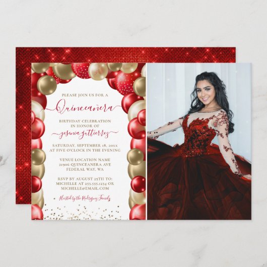 赤い金ゴールドスパークルキンセアニラバルーンフォトインビタ 招待状 (正面/裏面)