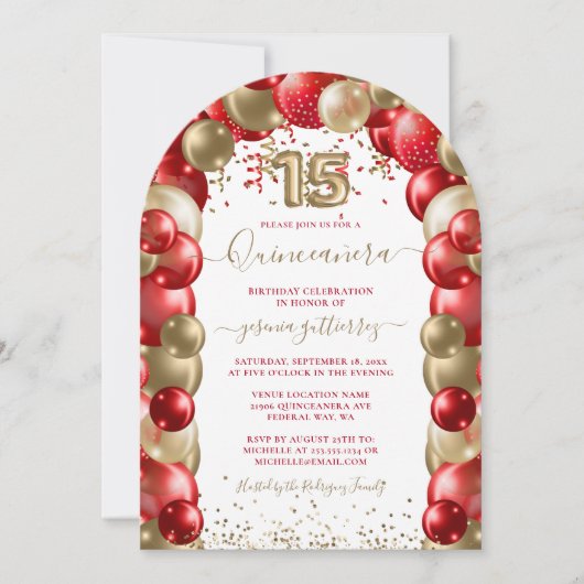 赤い金ゴールドスパークルキンセニェラバルーンフォト 招待状 (正面)