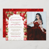 赤い金ゴールドスパークルキンセニェラバルーンフォト 招待状 (正面/裏面)